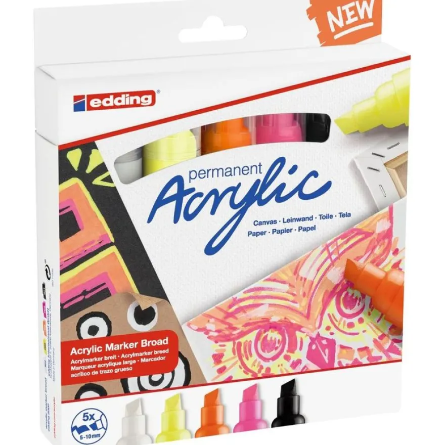 Edding 5000 - Pack de 5 Marqueurs acryliques - jaune fluo, orange fluo, rose néon, noir profond, blanc