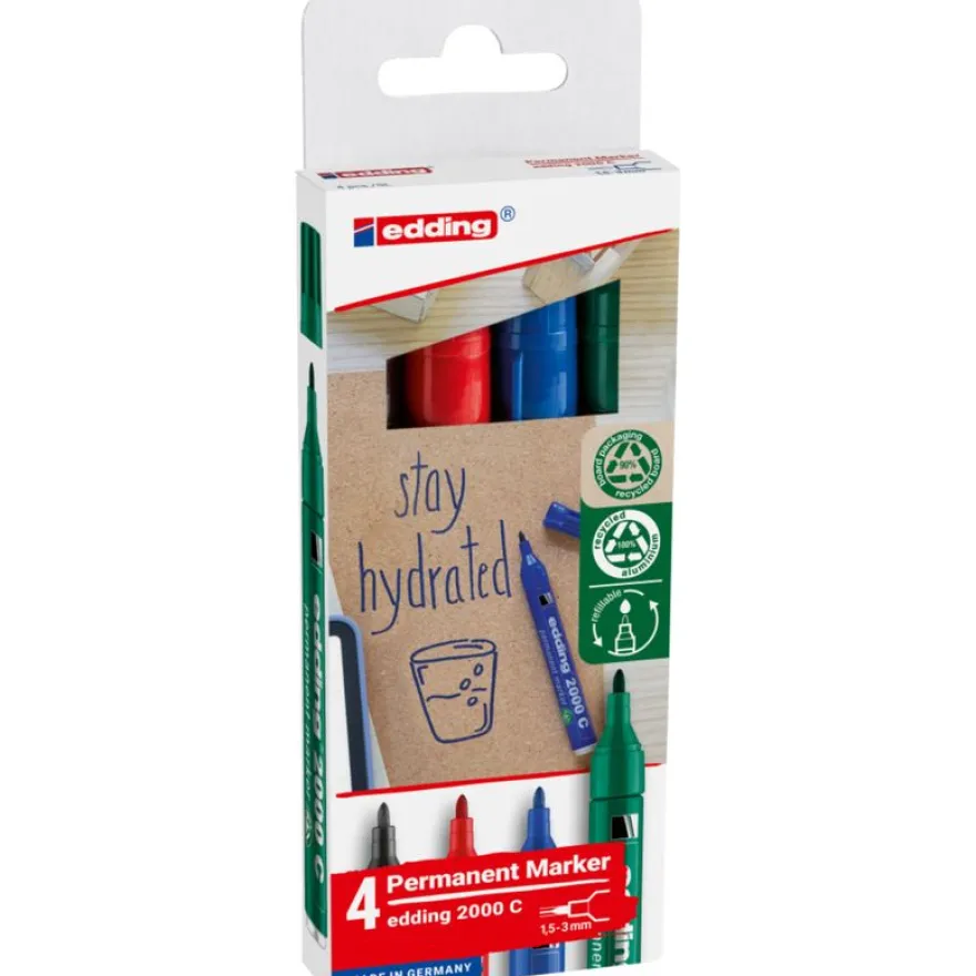edding - Set de 4 Marqueurs permanents en Aluminium recyclé e-2000C Assortis - Pointe Ogive 1,5-3 mm