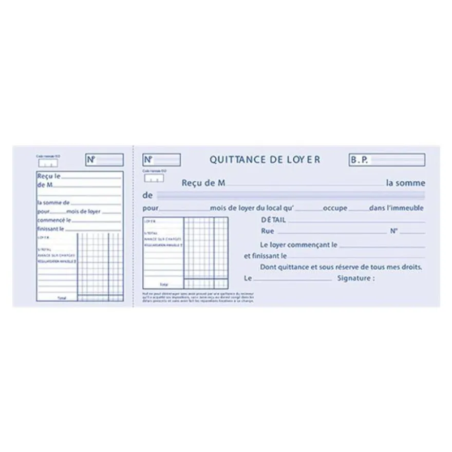 ELVE - Carnet à souche quittances de loyer - 50 feuillets - 10 x 27 cm