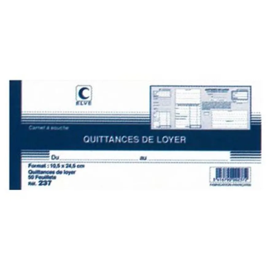 ELVE - Carnet à souche quittances de loyer - 50 feuillets - 10,5 x 24,5 cm