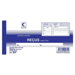 ELVE - Carnet à souche reçus avec TVA - 50 feuillets - 10,5 x 21 cm