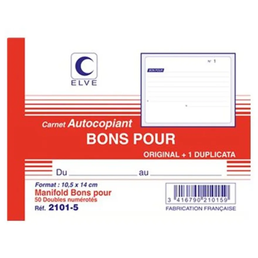ELVE - Manifold Carnet de Bons pour - 50 dupli - 10,5 x 14 cm