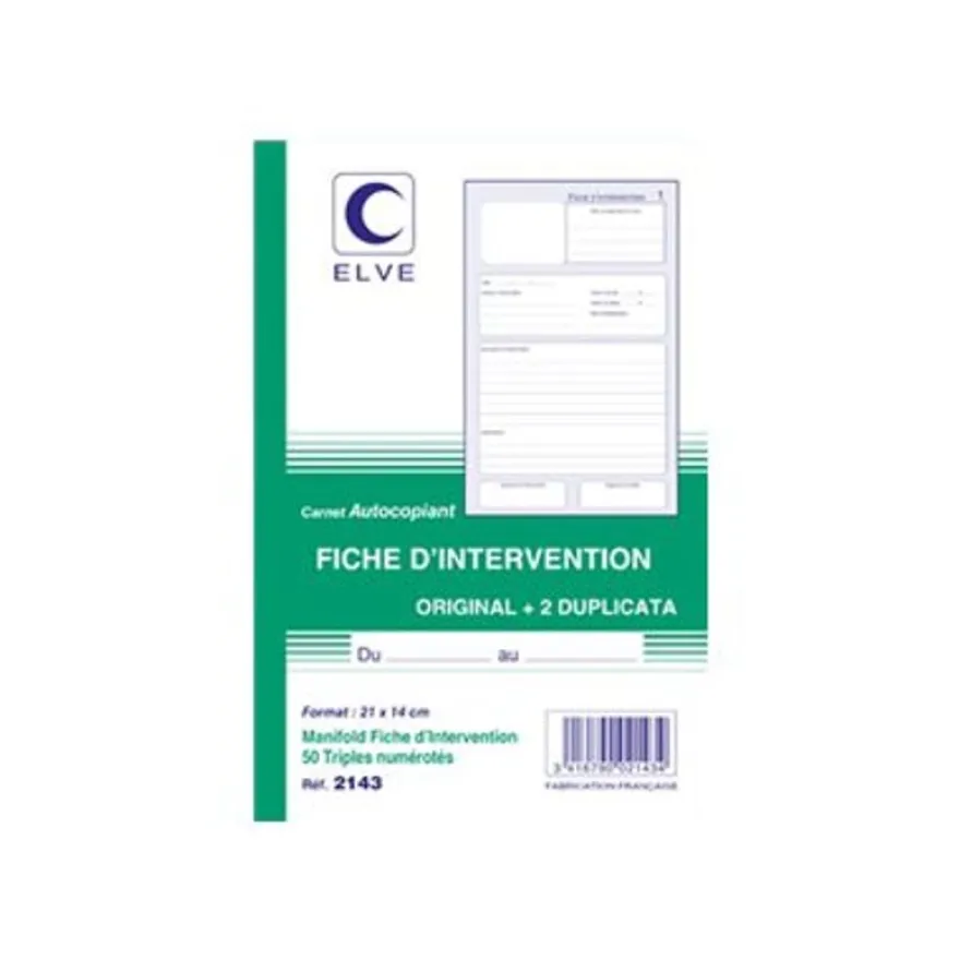 ELVE - Manifold Carnet Fiche d'intervention - 50 tripli 21 x 14 cm