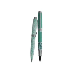 Enzo Varini Mini Taormina Tropea - Parure de stylo à bille et roller - acier blanc et vert motif vague