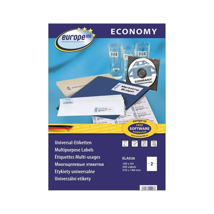 Europe100 - 200 Étiquettes multi-usages blanches - 210 x 148,5 mm - réf ELA026