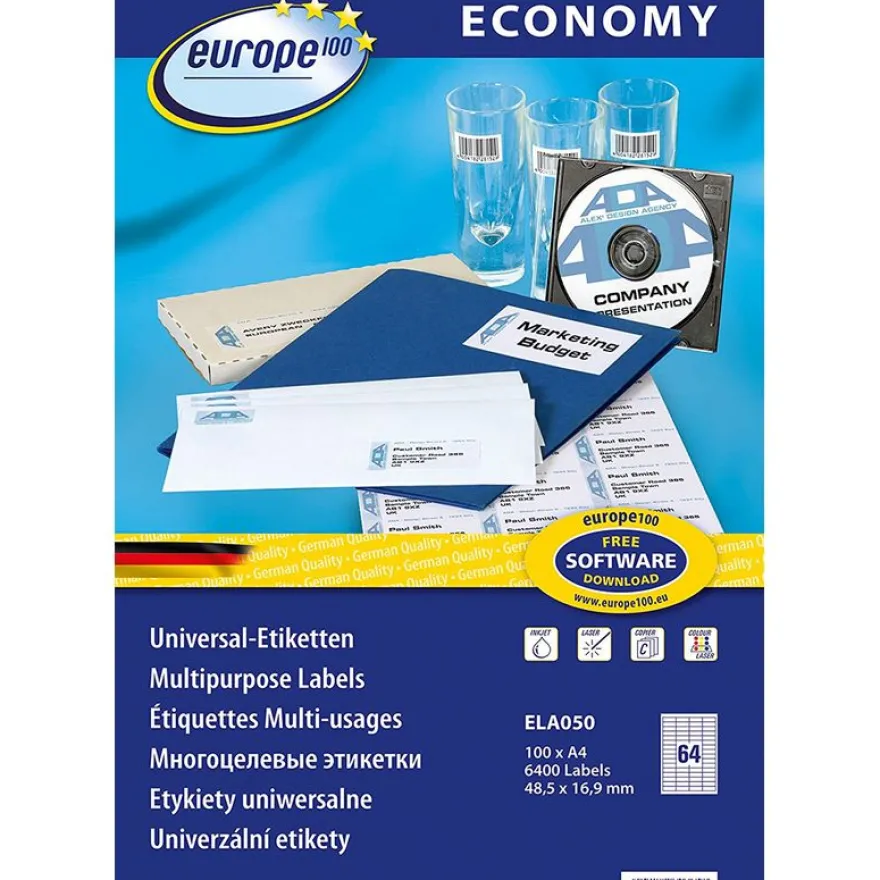 Europe100 - 6500 Étiquettes multi-usages blanches - 38 x 21,2 mm - réf ELA001.FR