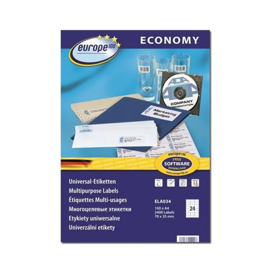 Europe100 - 2400 Étiquettes multi-usages blanches - 70 x 35 mm - réf ELA034