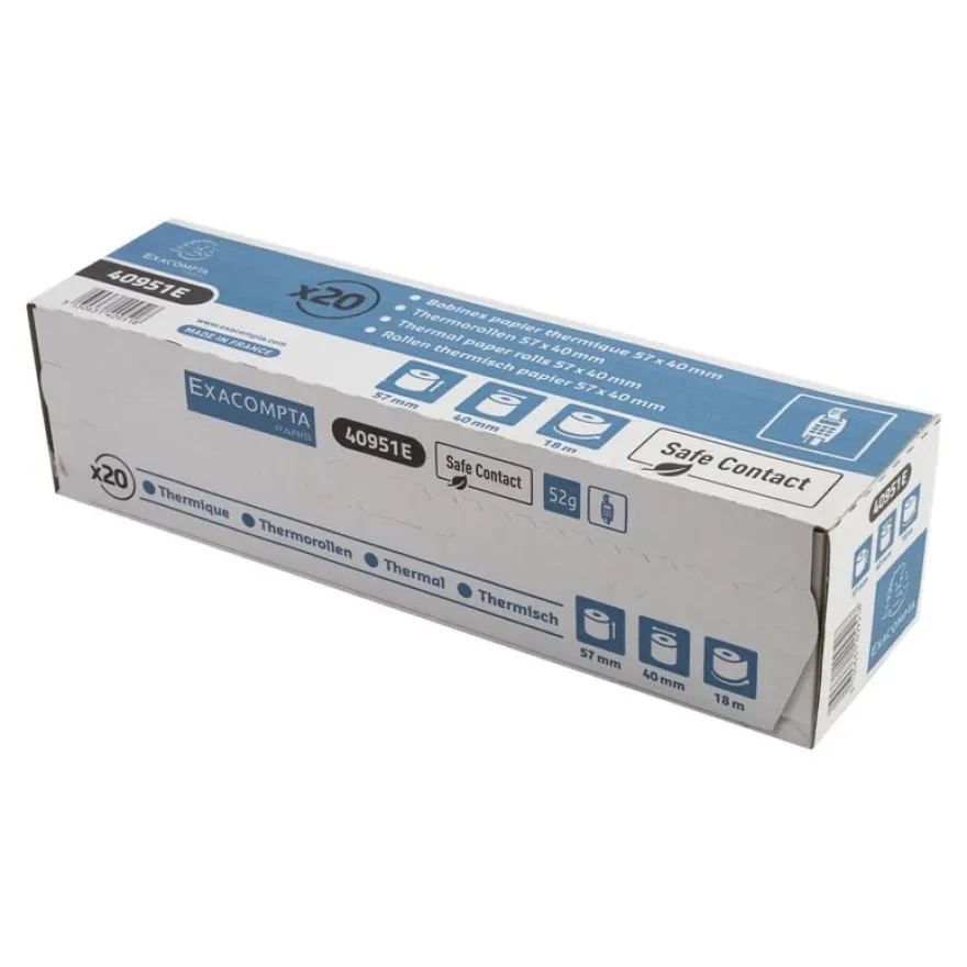 Exacompta - 20 Bobines thermiques - rouleaux TPE Safecontact - 1 pli - 57 x 40 x 12 mm - 18 m