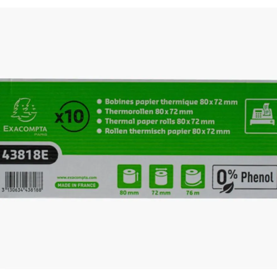 Exacompta - 10 Bobines thermique - rouleau caisse - 80 x 72 x 12 mm - 1 pli - sans phénol - 76 m