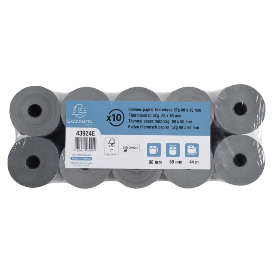 Exacompta - 10 Bobines thermiques - rouleaux caisses Safecontact - 80 x 60 x 12 mm - 1 pli - 44 m