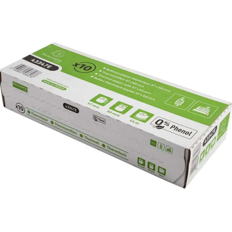 Exacompta - 10 Bobines Ticket de Caisse 57x60mm - 44m - Thermique 55g/m² Sans Phénol - Compatible CB & Imprimantes