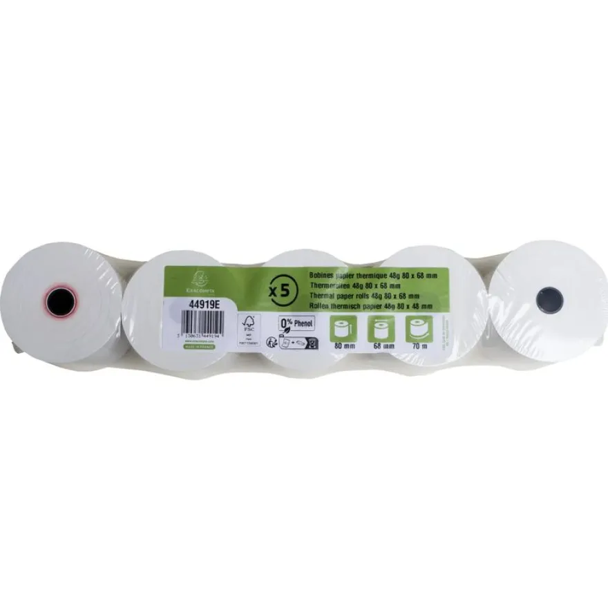 Exacompta - 50 Bobines Ticket de Caisse 80x68mm - 70m - Thermique 48g/m² Sans Phénol - Blanc - Nouveauté