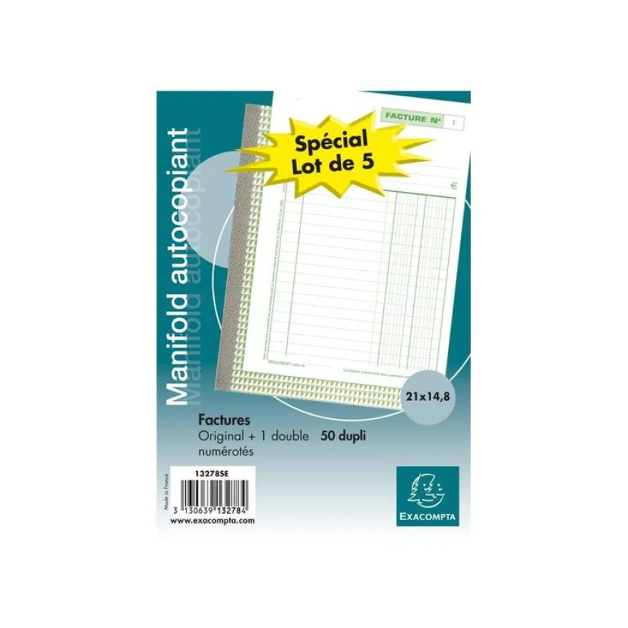 Exacompta - 5 Manifolds Carnets de factures - 50 dupli - A5
