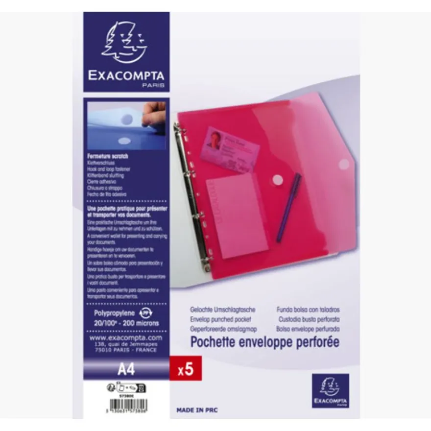 Exacompta - 5 Pochettes perforées à scratch - A4 - couleurs assorties