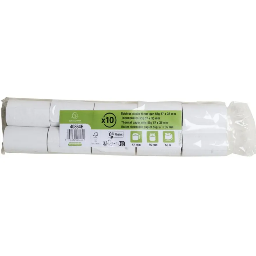 Exacompta -10 Bobines Ticket Carte Bancaire 57x35mm - 14m - Thermique 55g/m² Sans Phénol - Blanc - Nouveauté