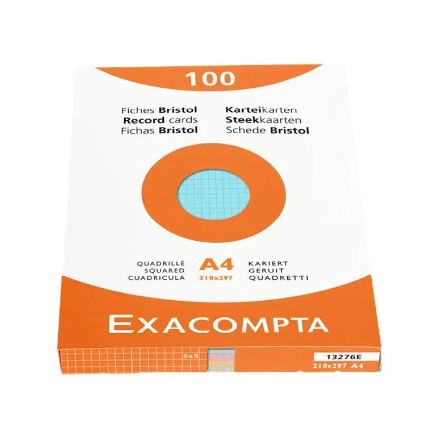Exacompta - Pack de 100 Fiches Bristol - A4 - petits carreaux - couleurs assorties