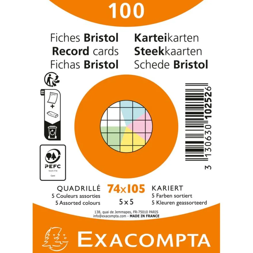 Exacompta - Pack de 100 fiches Bristol quadrillé 5x5 - A7 (74x105) - petits carreaux - assorties sous film