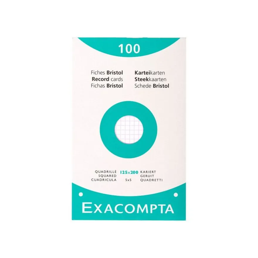 Exacompta - Pack de 100 Fiches Bristol - 12,5 x 20 cm - petits carreaux - perforées - blanc