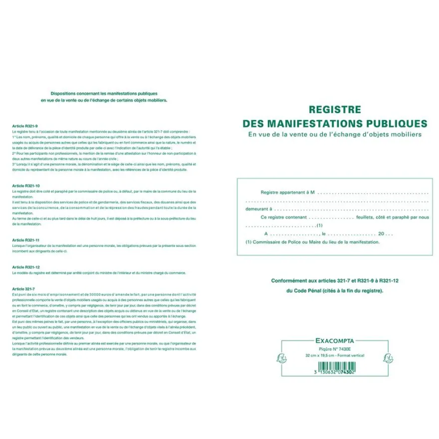 Exacompta - Registre des manifestations publiques - 32 x 19,5 cm - 80 pages
