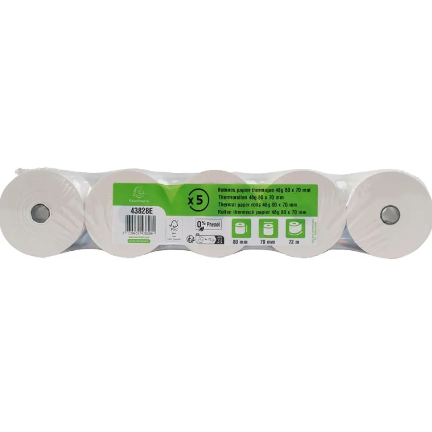 Exacompta Bobine Thermique 1 Pli 48g 80x70mm - 72m Sans Phénol (Lot de 5)