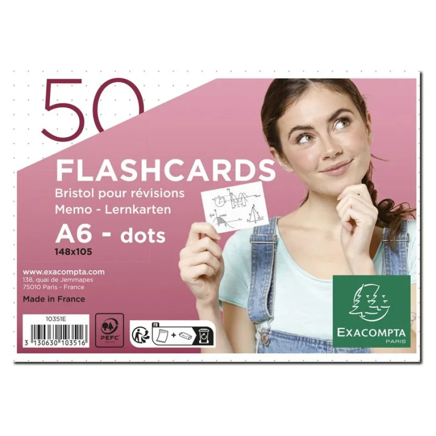 Exacompta Flashcards - 50 fiches bristols pour révisions sous anneau - 10,5 x 14,8 cm (A6) - Pointillé - Blanc