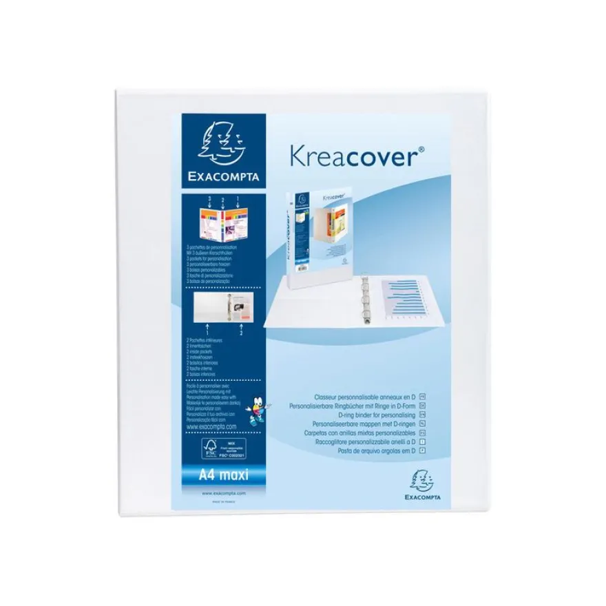 Exacompta Kreacover - Classeur à anneaux personnalisable - Dos 70 mm - A4 Maxi - blanc - 3 pochettes extérieures