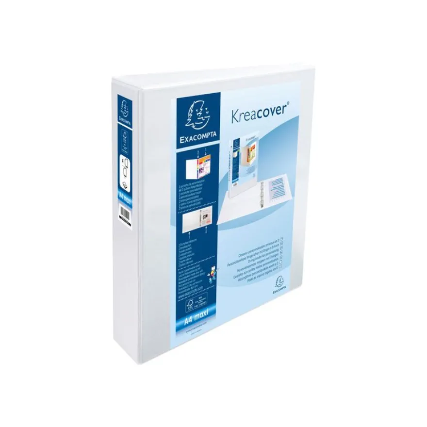 Exacompta Kreacover - Classeur à anneaux personnalisable - Dos 50 mm - A4 Maxi - blanc - 2 pochettes extérieures