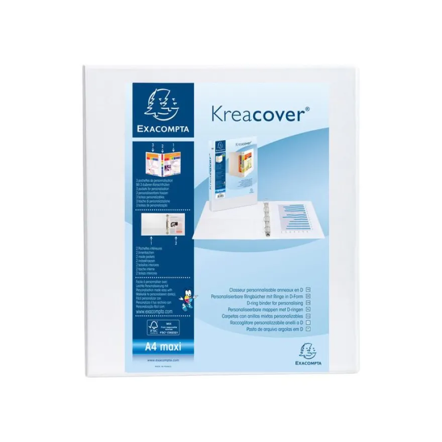Exacompta Kreacover - Classeur à anneaux personnalisable - Dos 60 mm - A4 Maxi - pour 225 feuilles - blanc - 3 pochettes extérieures