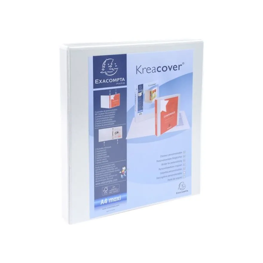 Exacompta Kreacover - Classeur à anneaux personnalisable - Dos 20 mm - A4 Maxi - blanc - 2 pochettes extérieures
