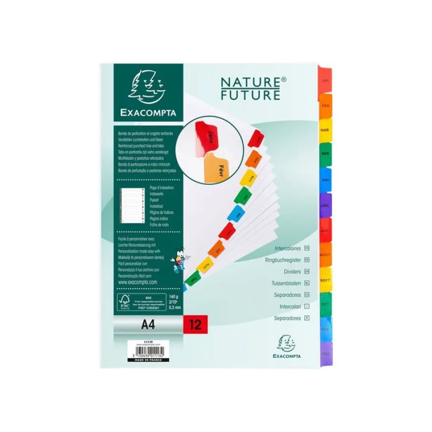Exacompta Nature Future - Intercalaire 12 positions Janvier à Décembre - A4 - carte blanche
