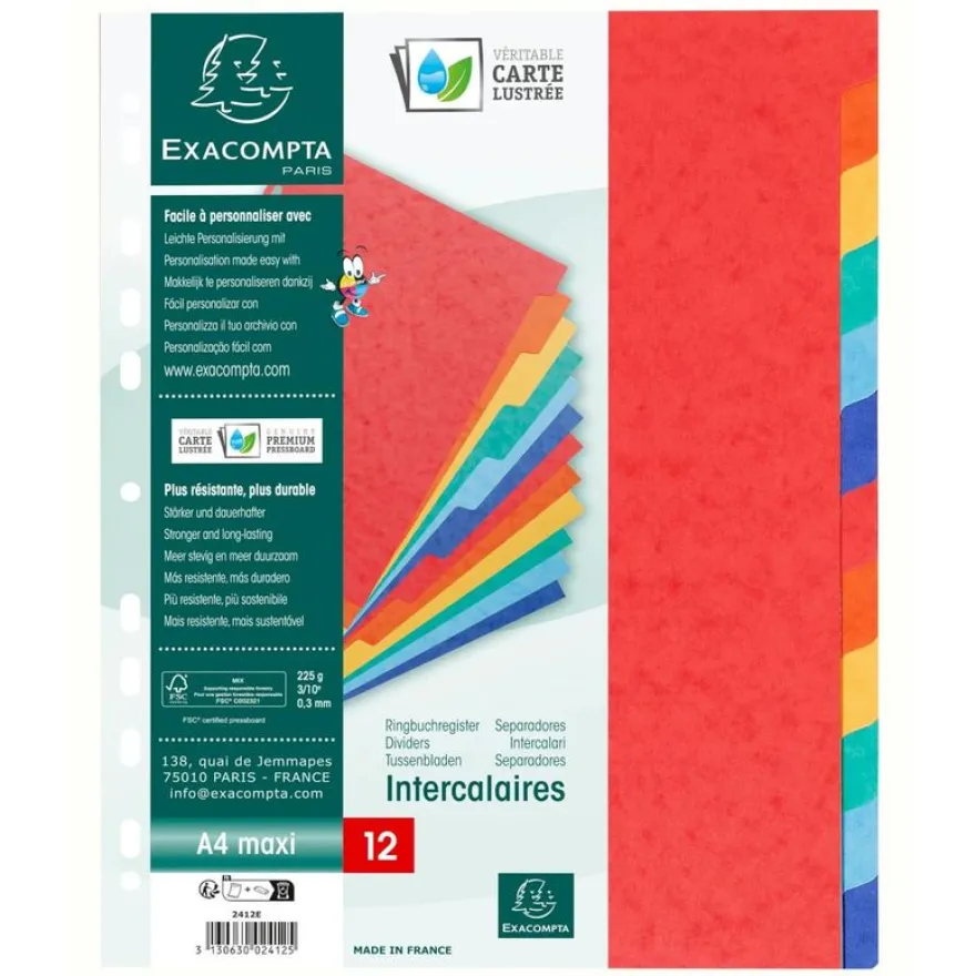 Exacompta Nature Future - Intercalaire 12 positions - A4 Maxi - carte lustrée colorée