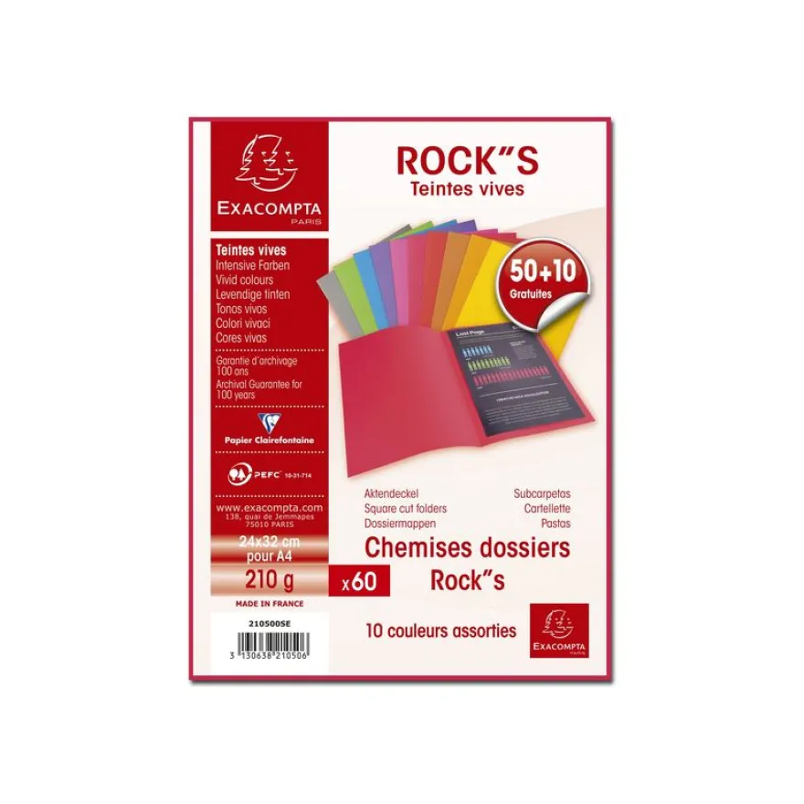 Exacompta Rock"s - 50 Chemises + 10 gratuites - 210 gr - couleurs assorties