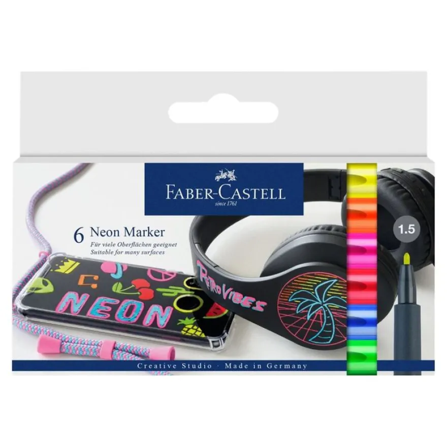 Faber-Castell - 6 Marqueurs toutes surfaces - couleurs néons assorties