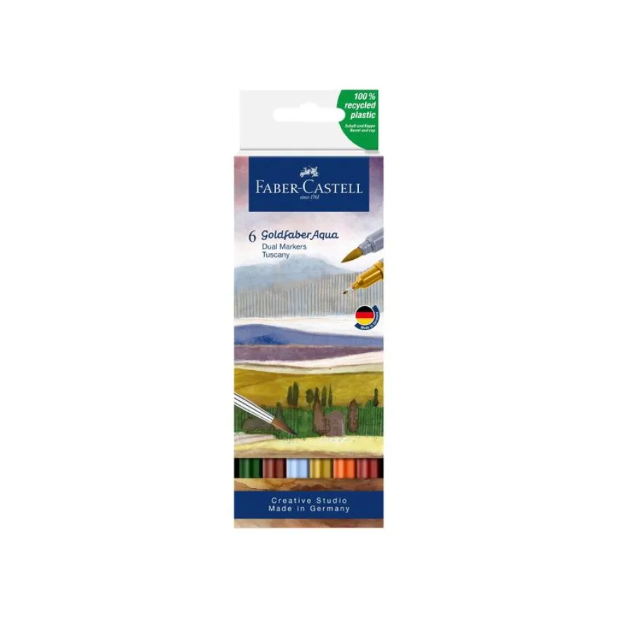 Faber-Castell Goldfaber Aqua Tuscany - 6 Feutres double pointe - rouge vénitien, terracotta, vert pin, siena foncé, vert ocre, bleu ciel pastel