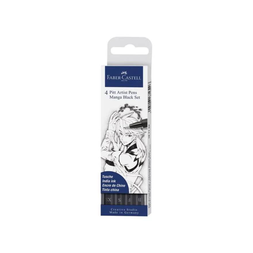 Faber-Castell Pitt Artist Pen Mangaka - Pack de 4 feutres à l'encre de Chine - noir
