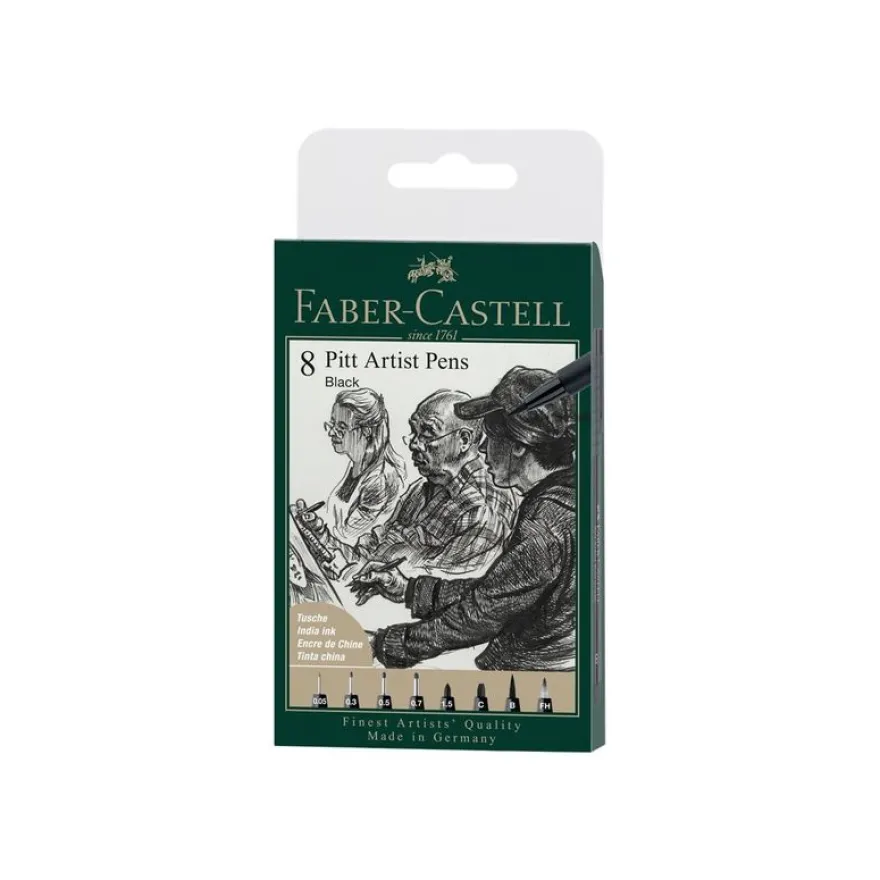 Faber-Castell PITT Artist Pen - Pack de 8 stylo pinceau, feutre fin et jeu de marqueurs - noir