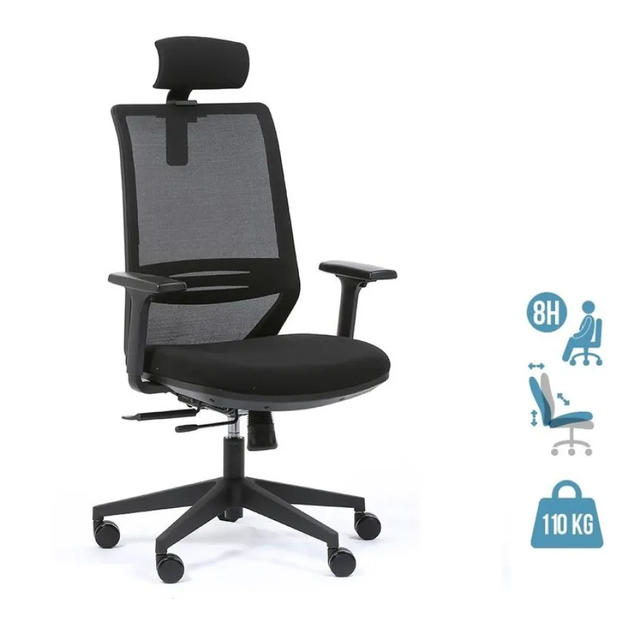 Fauteuil de bureau TECSY - accoudoirs réglables - Appui-tête réglable - noir
