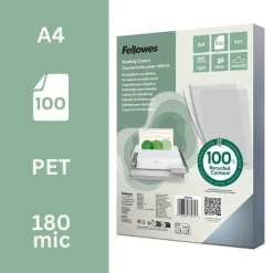 Fellowes - 100 couvertures à reliure A4 (21 x 29,7 cm) - 180 microns - 100% recyclé - transparent