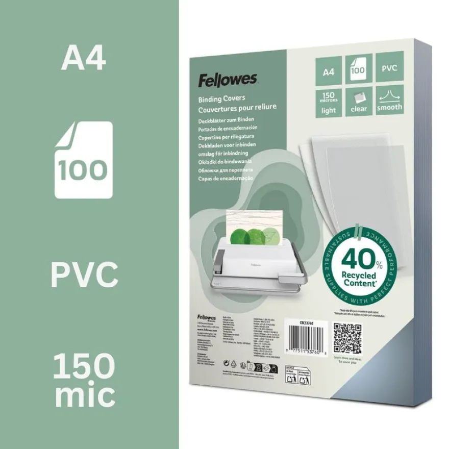 Fellowes - 100 couvertures à reliure A4 (21 x 29,7 cm) - plastique 150 microns - transparent