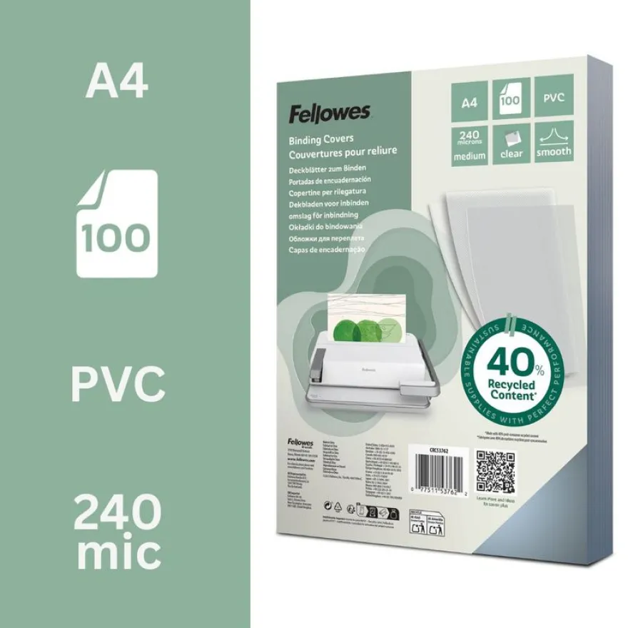 Fellowes - 100 couvertures à reliure A4 (21 x 29,7 cm) - 240 g/m² - transparent