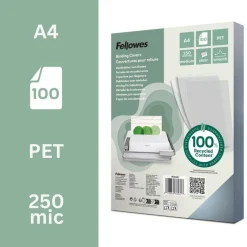 Fellowes - 100 couvertures à reliure A4 (21 x 29,7 cm) - 250 microns - 100% recyclé - transparent