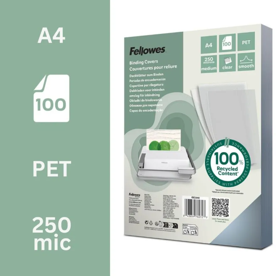 Fellowes - 100 couvertures à reliure A4 (21 x 29,7 cm) - 250 microns - 100% recyclé - transparent