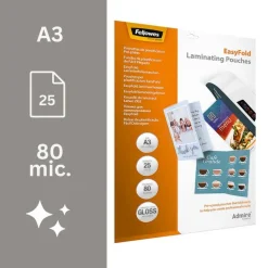 Fellowes - 25 pochettes de plastification A3 (303 x 426 mm) - 80 microns - brillantes pré-pliées