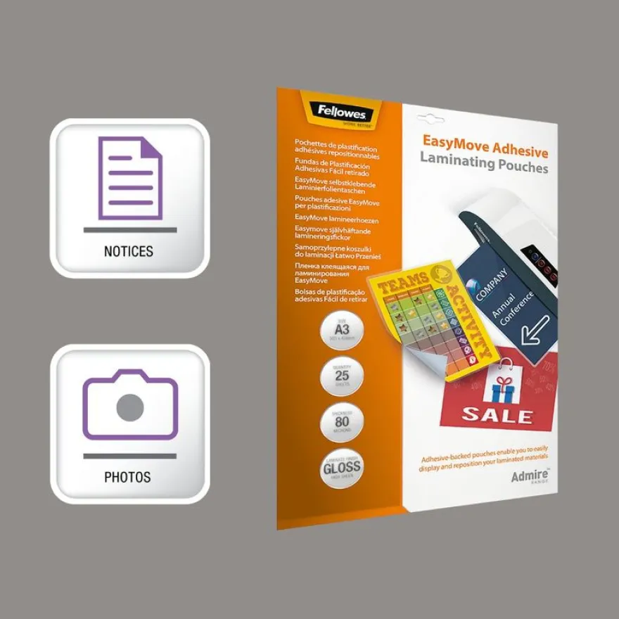 Fellowes - 25 pochettes de plastification A3 (303 x 426 mm) - 80 microns - brillantes dos adhésif