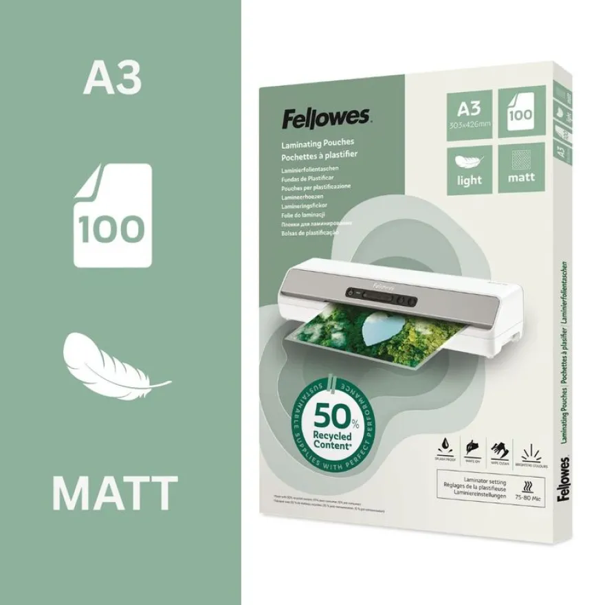 Fellowes - 100 pochettes de plastification A3 - recyclé - mates