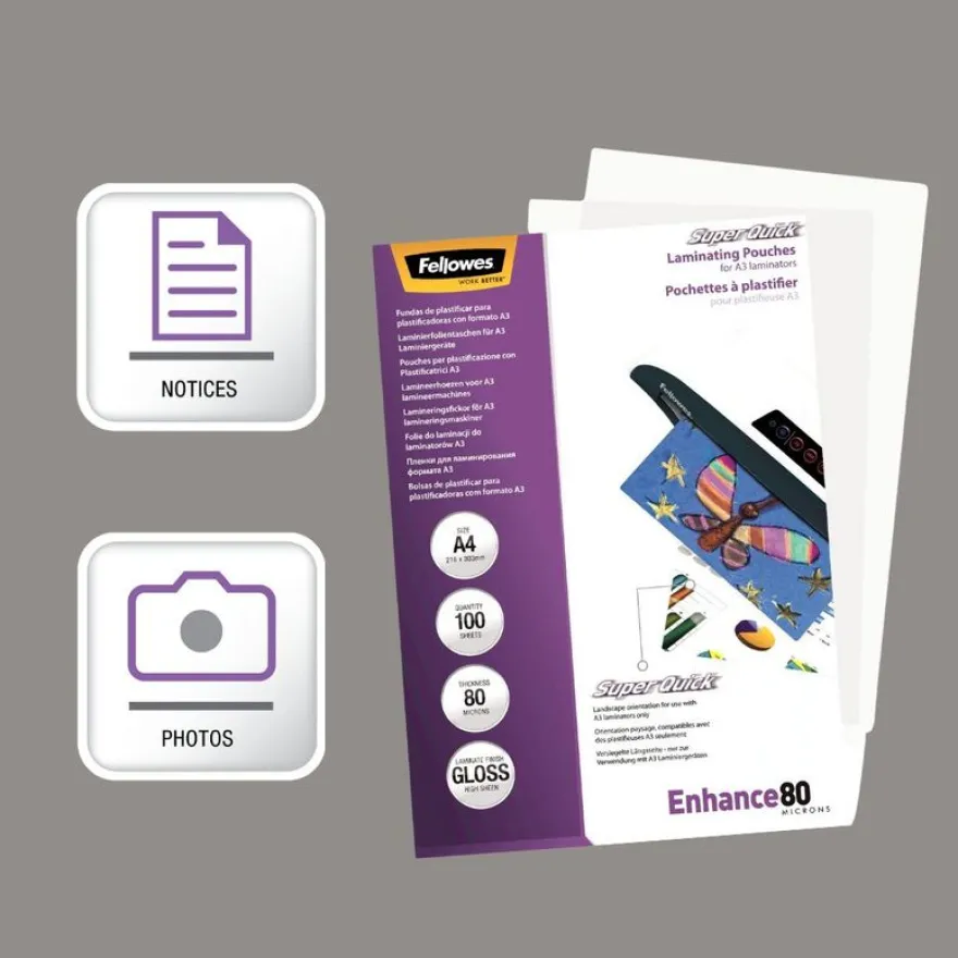 Fellowes - 100 pochettes de plastification A4 (216 x 303 mm) - 80 microns - brillantes