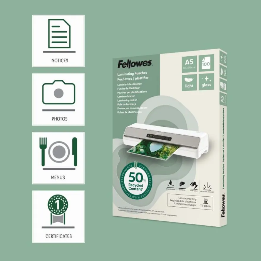 Fellowes - 100 pochettes de plastification A5 - recyclé - brillantes
