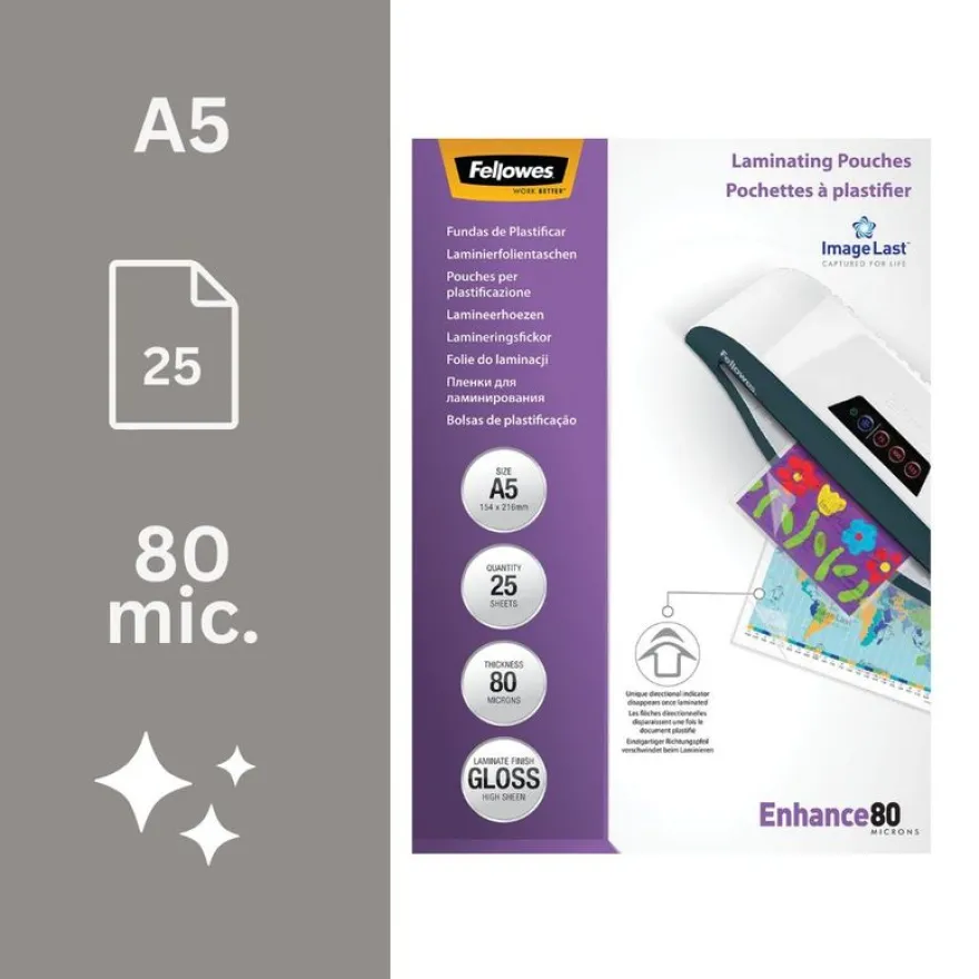 Fellowes - 25 pochettes de plastification A5 (154 x 216 mm) - 80 microns - brillantes