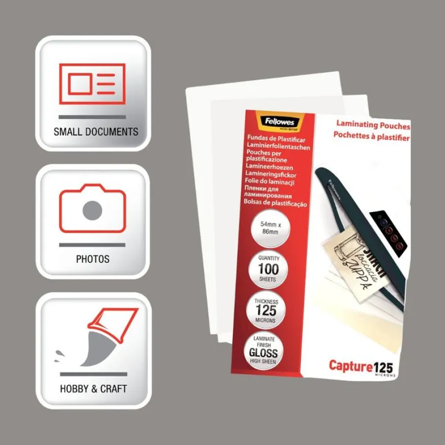 Fellowes - 100 pochettes de plastification (54 x 86 mm) - 125 microns - brillantes