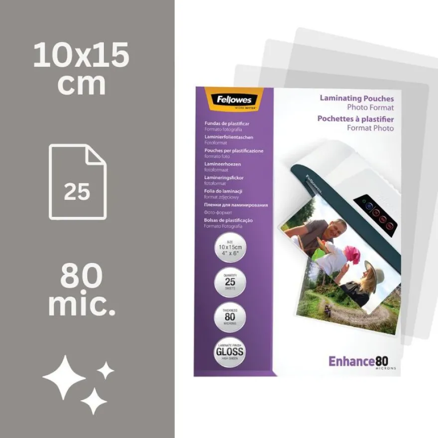 Fellowes - 25 pochettes de plastification photo (108 x 159 mm) - 80 microns - brillantes